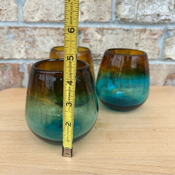 3 Stemless Hand Blown Art Recycled Glass Amber Sea Blue Thick Drinking Glasses - Picture 11 of 12